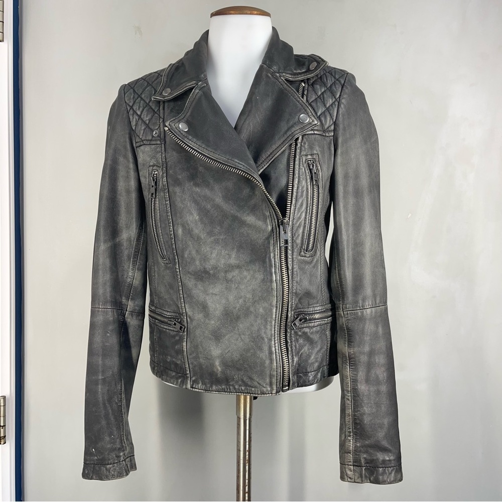 All Saints Black Leather Biker Jacket US 2